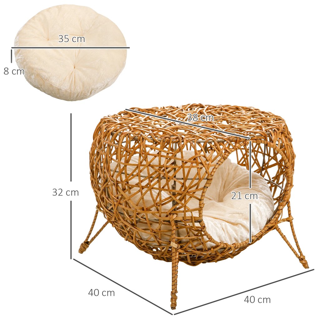 PawHut Cușcă pentru pisică pat pentru pisică cuție pentru pisică casă de pisică din răchită cu pernă groasă Ø 40 x 32 cm maro deschis | Aosom Romania
