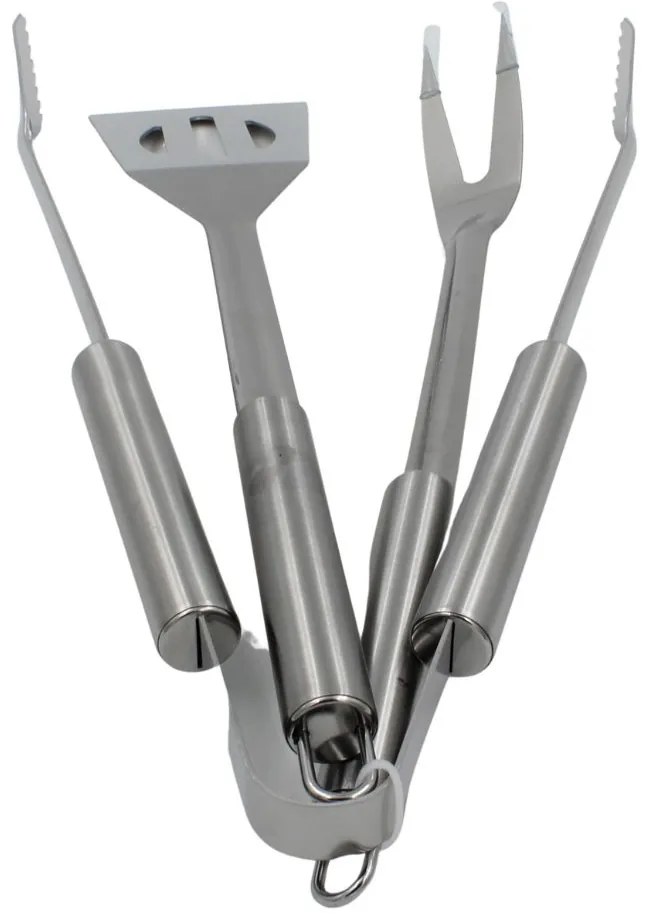 Set 3 ustensile pentru grătar – inox, 35 cm: spatulă, furculiță și clește