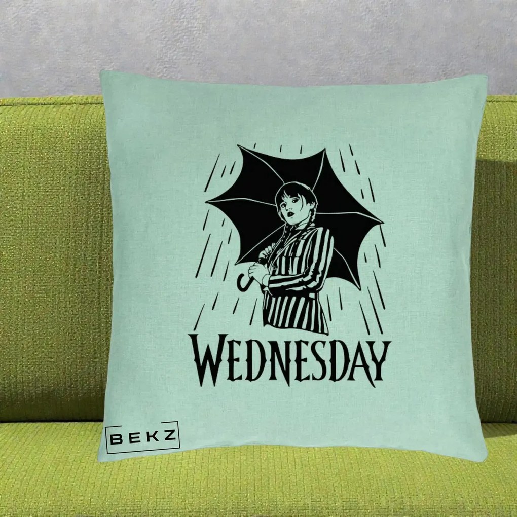 Perna Personalizata Wednesday cu Umbrela Ploaie Lineart, 40x40 cm, Verde Menta, Husa Detasabila, Perna Inclusa, BEKZ®