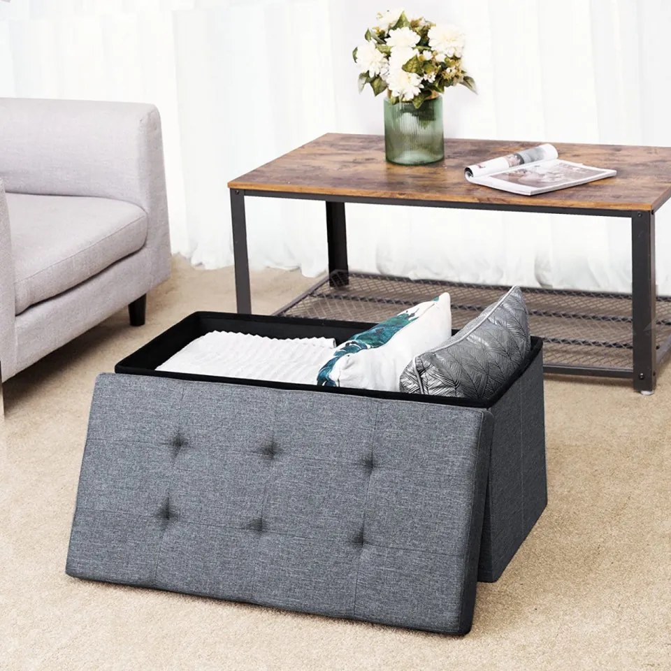 Bancheta cu capac si spatiu depozitare, textil / MDF, gri inchis, Songmics