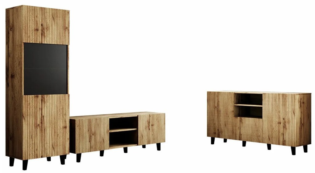 Set camera de zi Charlotte J109Wotan stejar, Negru, Cu componente suplimentare, Părți separate, Cu comodă TV, PAL laminat, Sticlă călită, MDF, 183x42cm, 138 kg