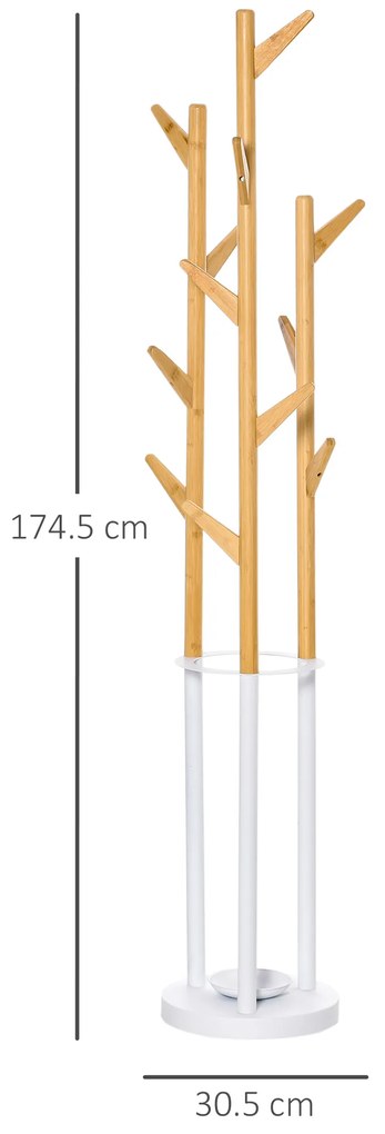 Cuier de podea pentru haine cu suport pentru umbrele si 13 carlige HOMCOM, metal si bambus, dimensiuni 30.5x30.5x174.5cm, lemn si alb | Aosom RO