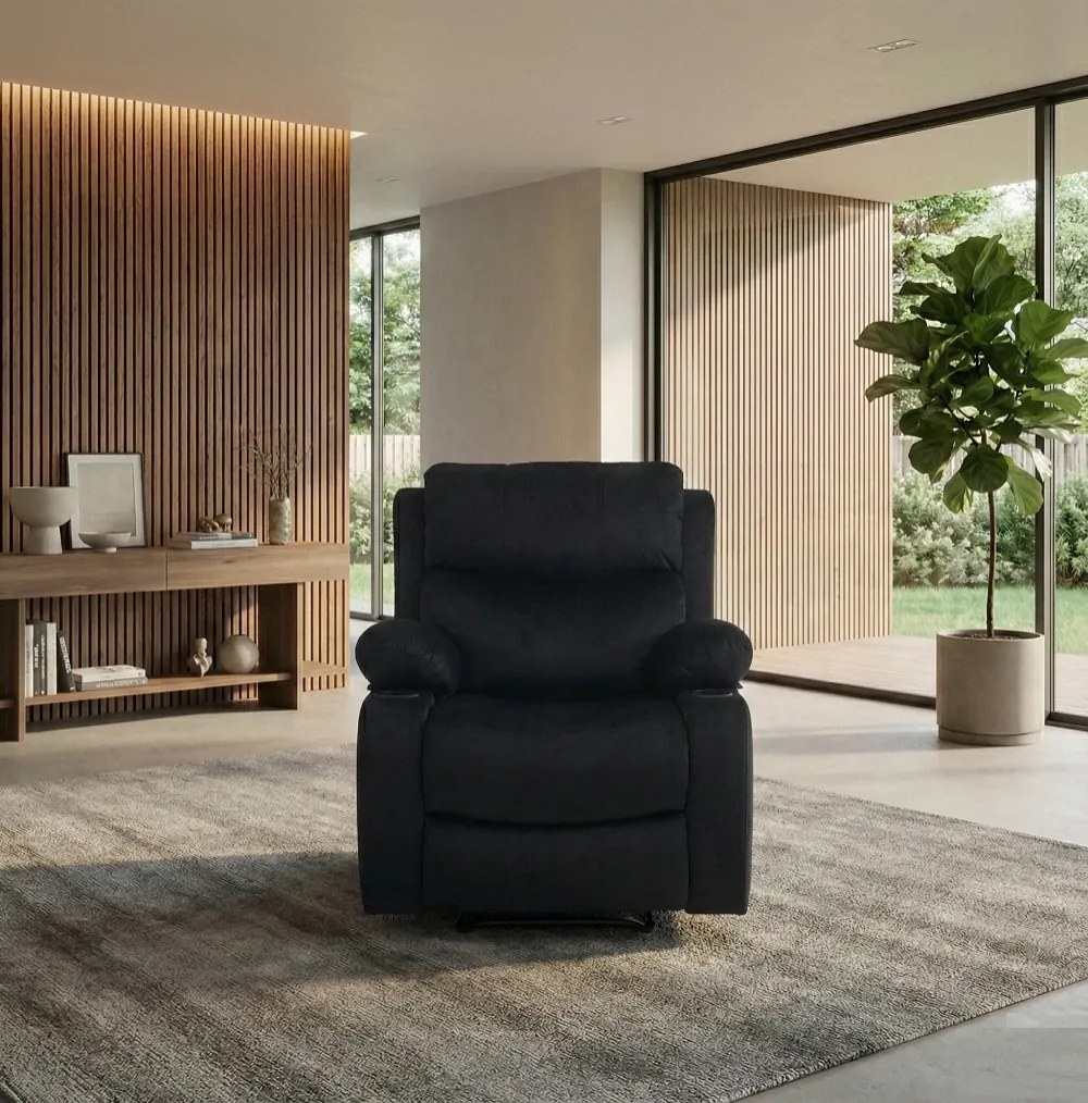 RESIGILAT- Fotoliu Masaj, Incalzire, rabatabil, sezut cu arcuri metalice, suport picioare extensibil, catifea, Negru