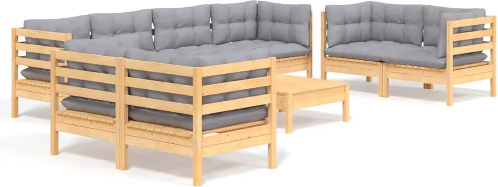 vidaXL Set mobilier de grădină cu perne gri, 9 piese, lemn masiv pin