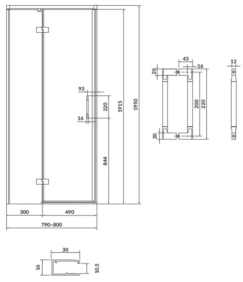 Usa sticla dus batanta 80x195 cm profil negru Cersanit Larga, montare stanga 800x1950 mm, Stanga, Negru mat