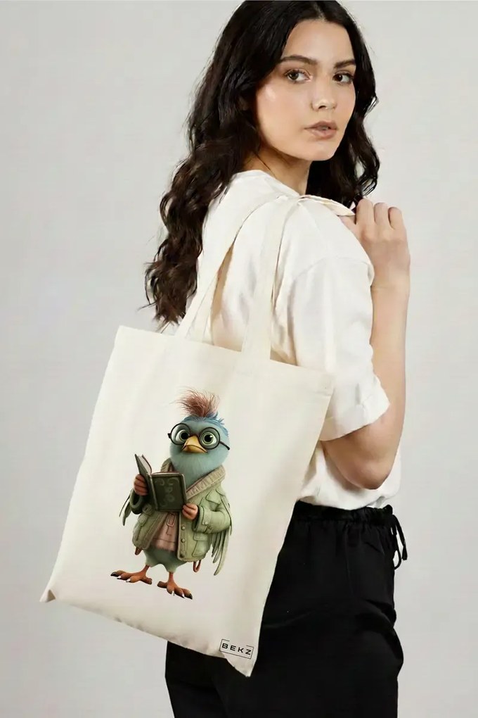 Sacosa de Panza pentru Cumparaturi, Geanta Tote, model Reading Birdie 2 38 x 34.5 cm, Alba, BEKZ®