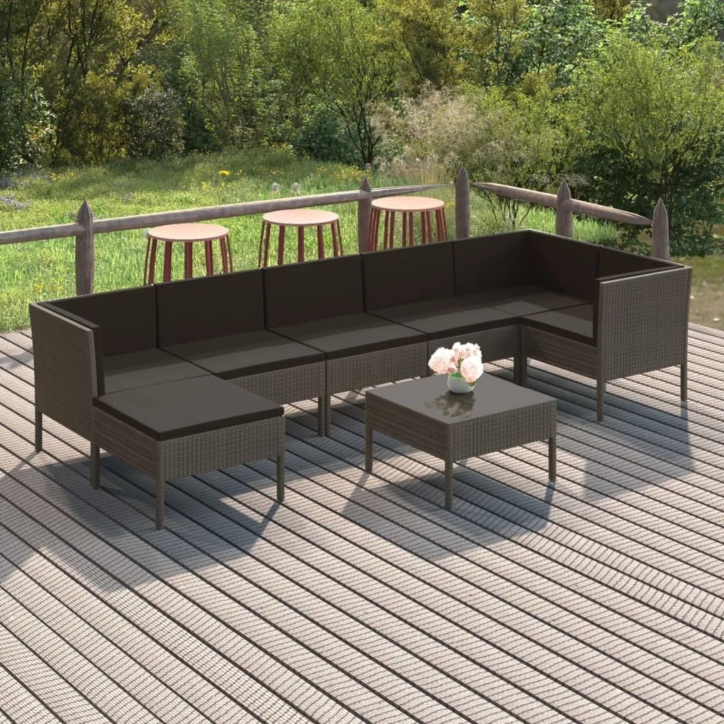 Set mobilier de gradina cu perne, 8 piese, gri, poliratan 3x colt + 3x mijloc + suport pentru picioare + masa, 1