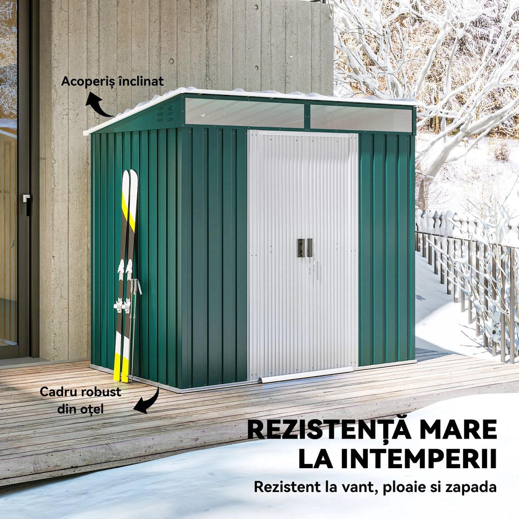 Outsunny Căsuță de Grădină pentru Unelte cu Bază, Ferestre, Încuietoare și Ușă Culisantă, 195x122x181,5/160 cm, Verde | Aosom Romania