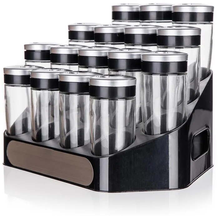 Set recipiente mirodenii ALTIMA cu suport negru, 17 piese