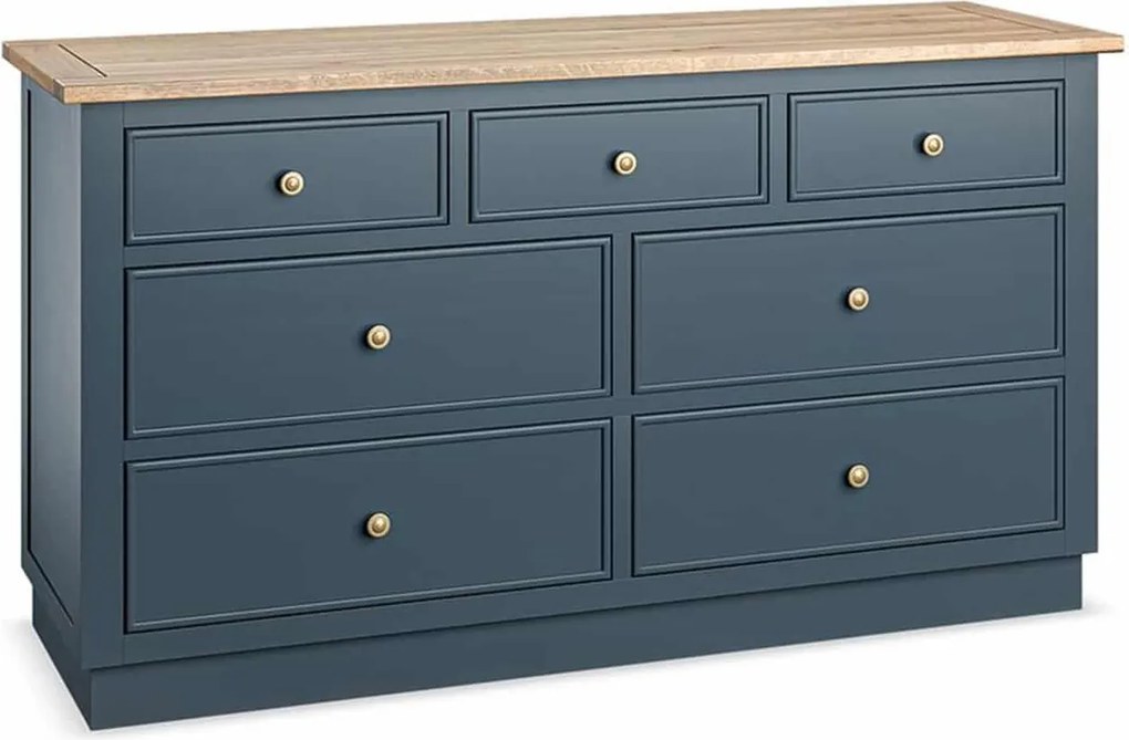 Comodă lemn masiv natur Richmond 7 sertare Albastru/, 140 × 45 × 77 cm