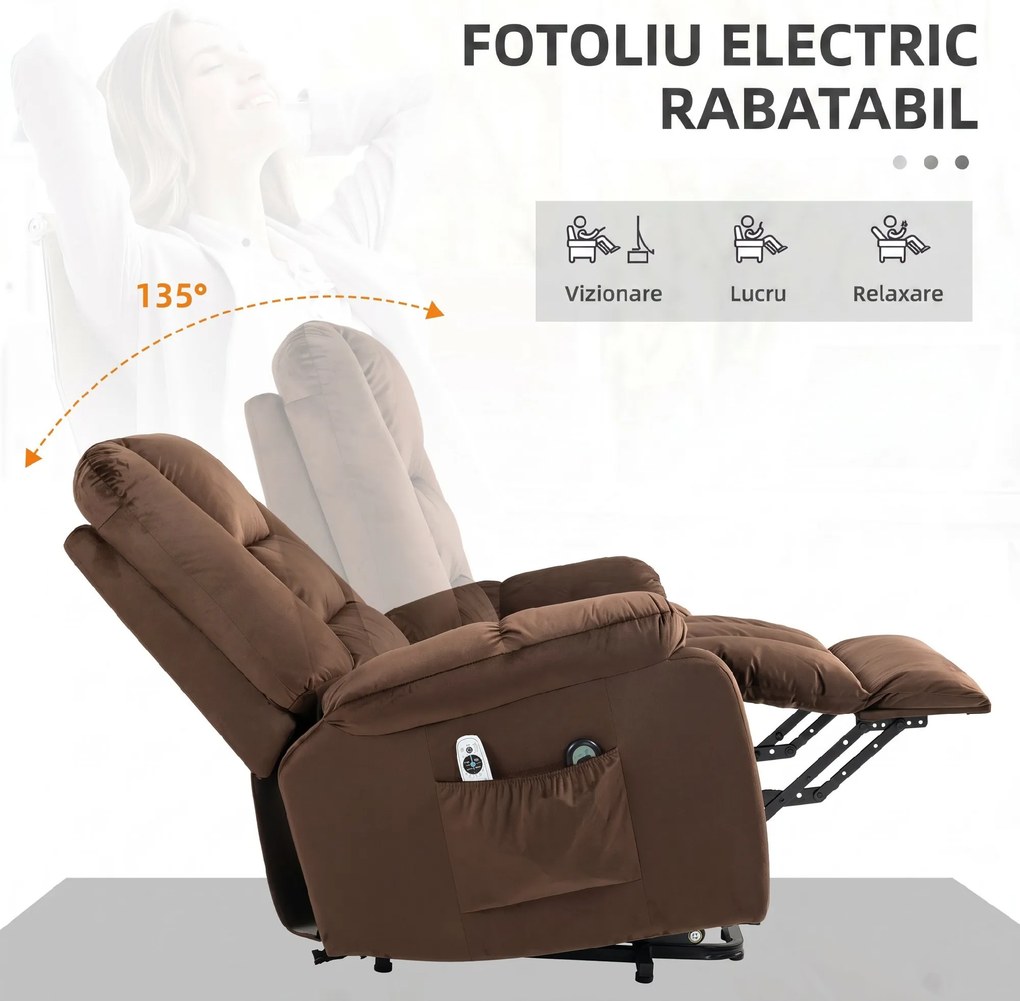 HOMCOM Scaun Rabatabil cu Ridicare Electrică și Înclinare la 135°, 8 Puncte de Masaj și 4 Modalități, 85x94x107 cm, Maro Închis | Aosom Romania