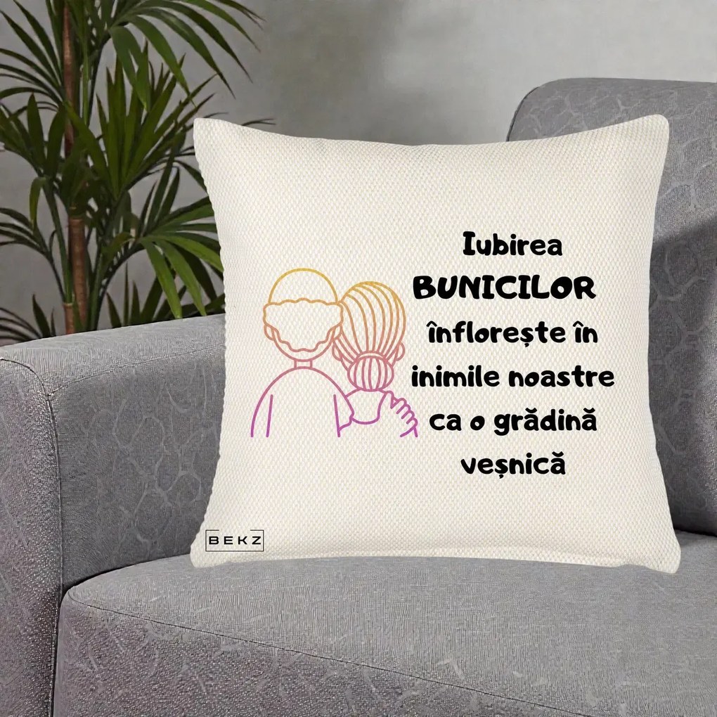 Cadou pentru Bunici - Perna Personalizata Iubirea Bunicilor Infloreste Cuplu Line Art Gradient, 40x40 cm, Crem Reliefat, Husa Detasabila, Perna Inclusa, BEKZ®