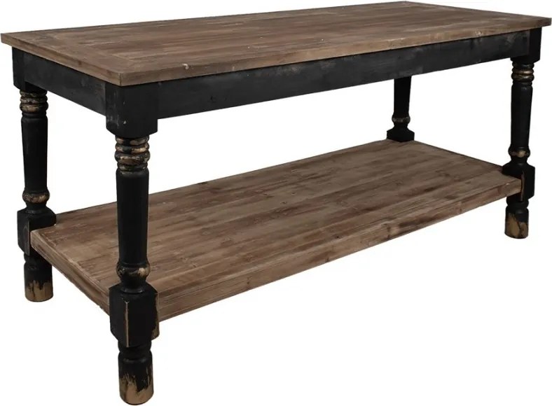 Masă de prezentare shabby chic din lemn, natur, cu raft inferior și picioare strunjite, finisaj negru antichizat, 85 x 180 x 70 cm, „Clarisse”
