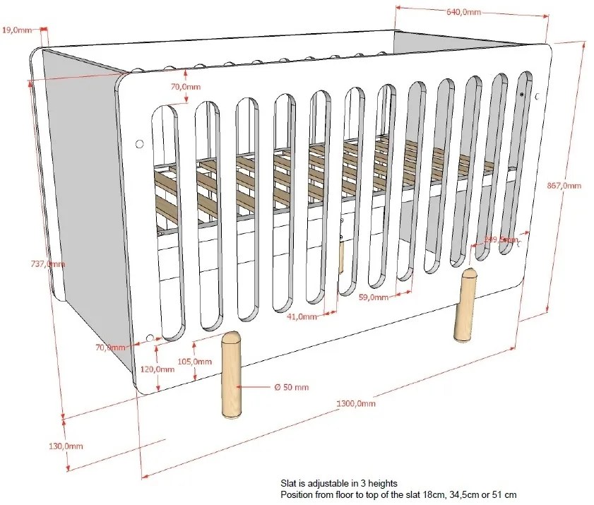 Set mobilier pentru copii SMILE, alb, pat 60 x 120 cm cu bare robuste și bază reglabilă, masă de schimbat cu trei rafturi deschise și dulap cu suport
