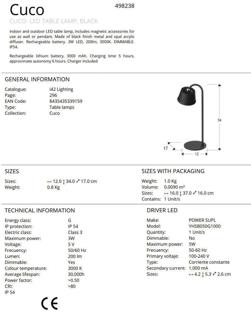 Lampa LED portabila exterior/interior IP54 Cuco neagra