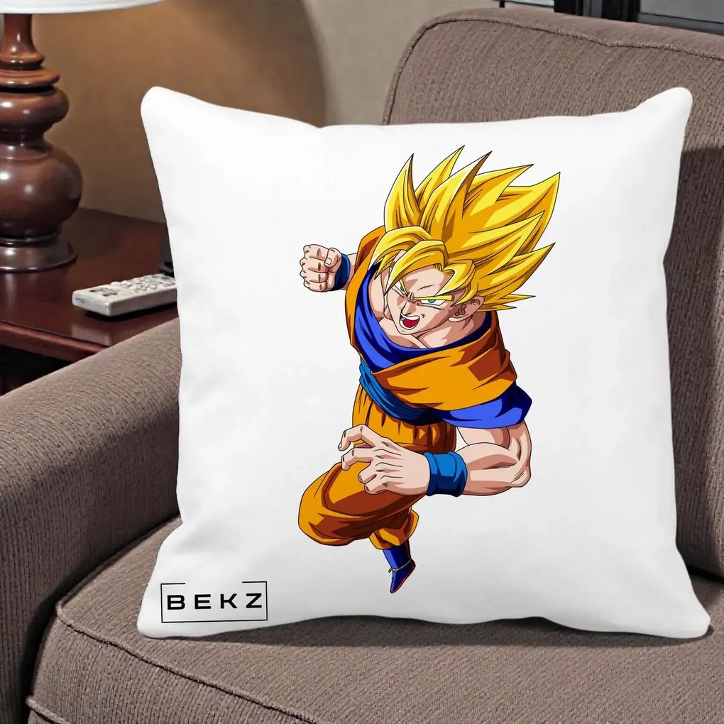 Perna Personalizata Dragon Ball Goku Super Saiyan 2 Lupta, 40x40 cm, Alba Mata, Husa Detasabila, Perna Inclusa, BEKZ®