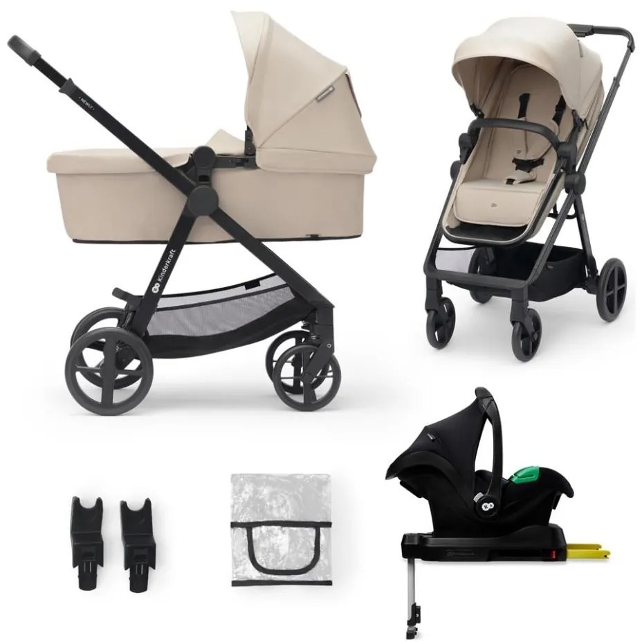Cărucior de copii combinat 4 în 1 KINDERKRAFT NEWLY Classic beige + scaun auto MINK PRO