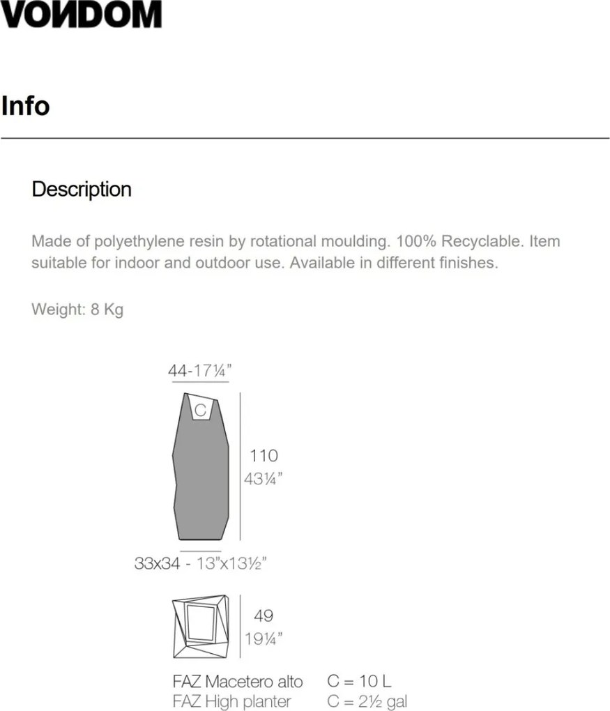 Ghiveci de flori / Jardiniera plante design decorativ modern pentru amenajari interioare si exterioare, FAZ PLANTER 54022R Vondom