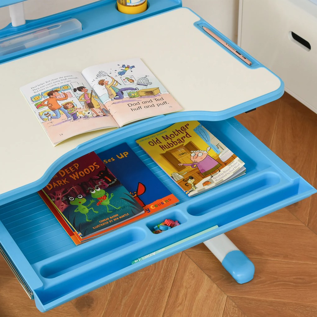 HOMCOM Birou Copii de 6-12 ani cu Lampa, masa cu scaune copii, cu design Ergonomic, Inălțimea Reglabilă, 70x49.5x80-105 cm | Aosom Romania
