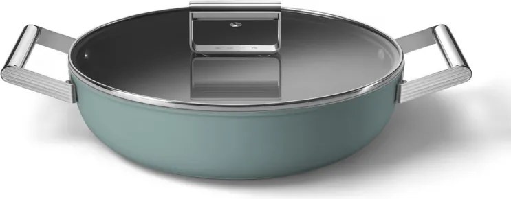 Oală puțin adâncă cu capac Smeg DPF2812EGM, 28 cm, 4,3 l, acoperire ceramică antiaderentă, potrivită pentru cuptor până la 250 °C, fără PFAS, compatibilă cu plitele cu inducție, verde smarald