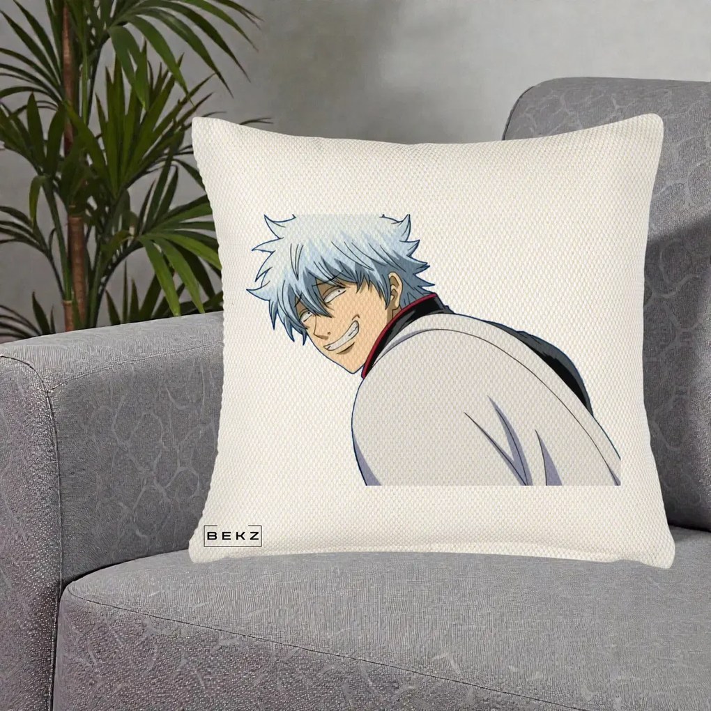 Perna Personalizata Gintama Gintoki Portret cu Zambet, 40x40 cm, Crem Reliefat, Husa Detasabila, Perna Inclusa, BEKZ®