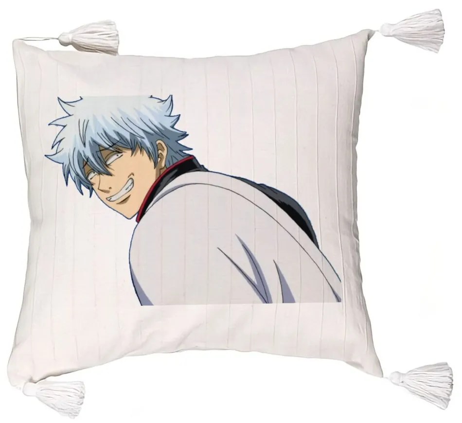 Perna Decorativa cu Franjuri cu Gintama Gin, 45x45 cm, Ecru, Cu fermoar