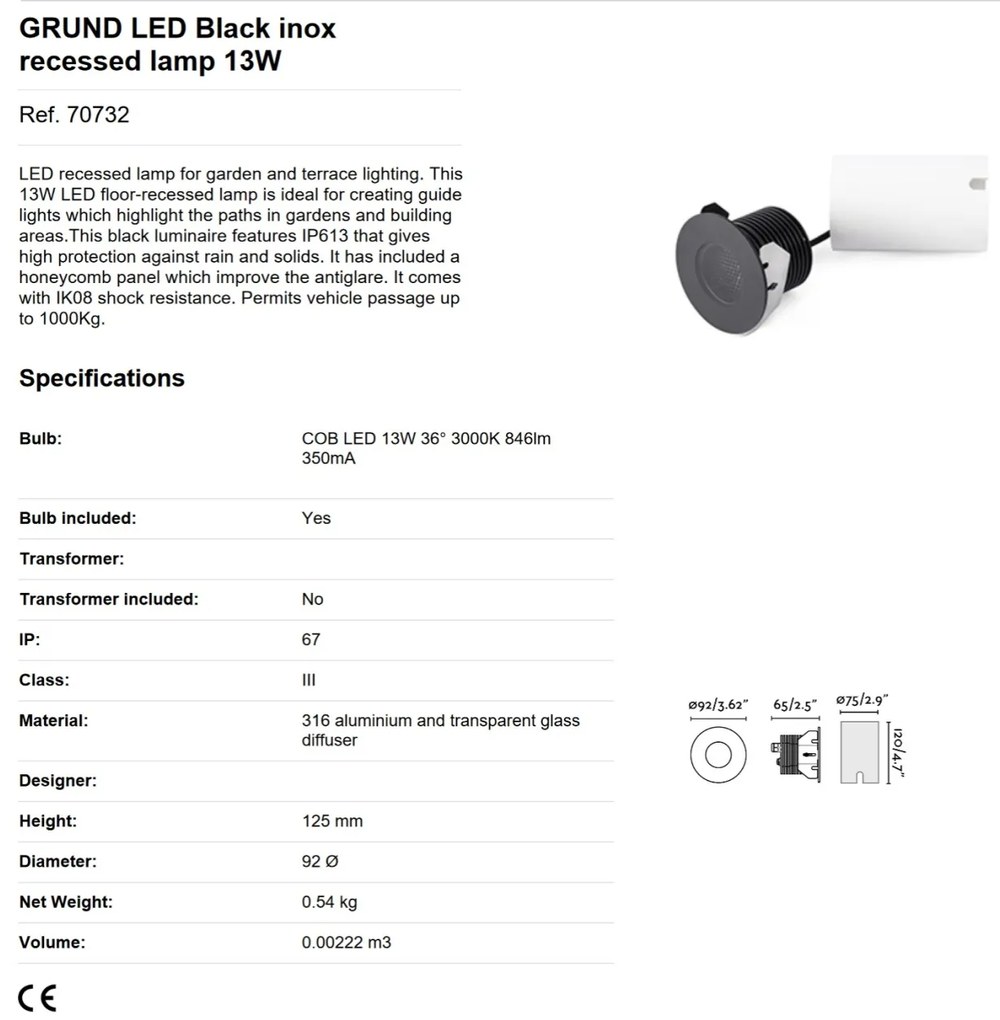 Spot LED incastrabil de exterior pavaj GRUND 13W inox negru
