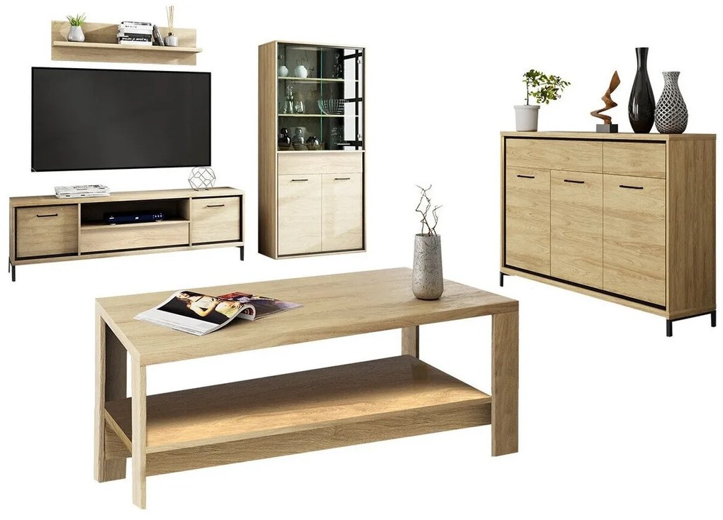 Camera de zi Stanton F122Luminos lemn, Părți separate, Cu comodă tv, Cu componente suplimentare, PAL laminat, Sticlă călită, 238 kg