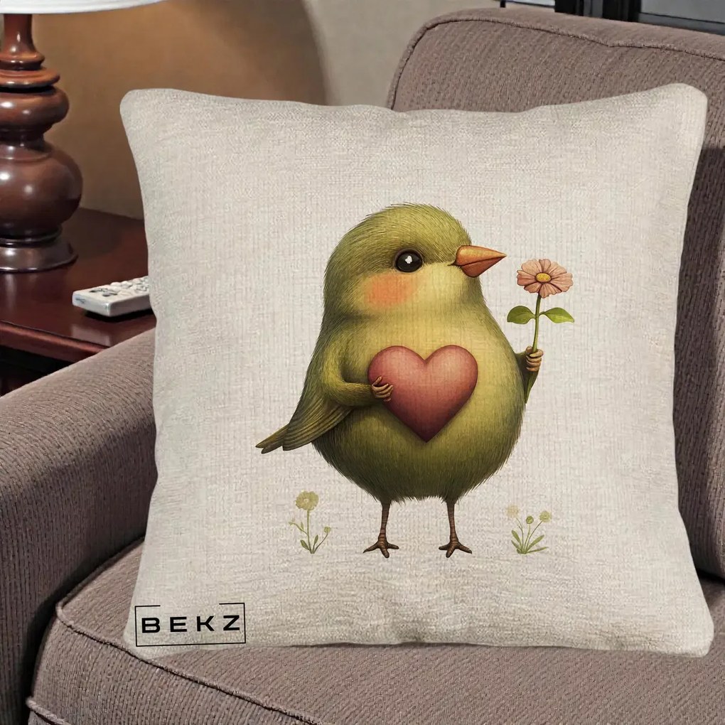 Perna Decorativa Pasare Verde cu Inima si Floare, 40x40 cm, Bej Canapea, Husa Detasabila, Perna Inclusa, BEKZ®