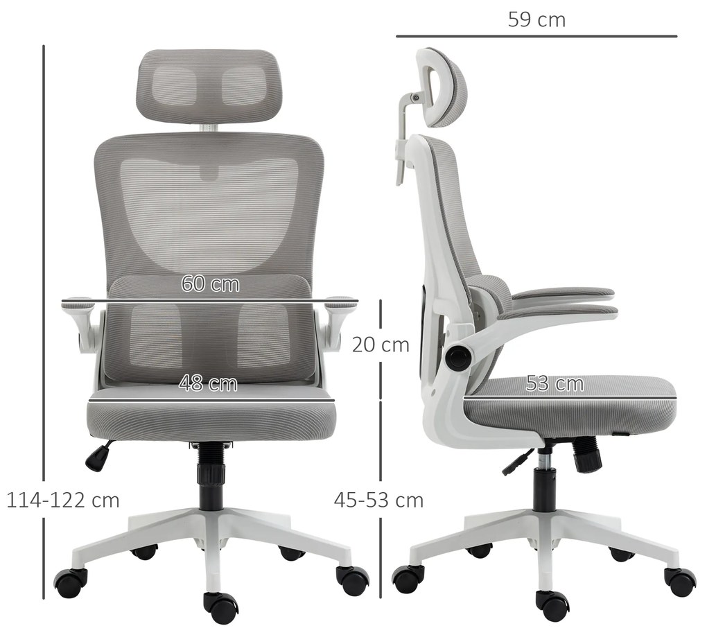 Vinsetto Scaun Ergonomic de Birou, Tetieră Reglabilă, Suport Lombar, 70x66x120-128 cm, Gri | Aosom Romania