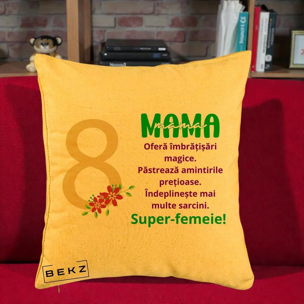 Cadou pentru Mama - Perna Personalizata Mama Super-Femeie cu Cifra 8 si Flori 8 Martie, 40x40 cm, Galben, Husa Detasabila, Perna Inclusa, BEKZ®