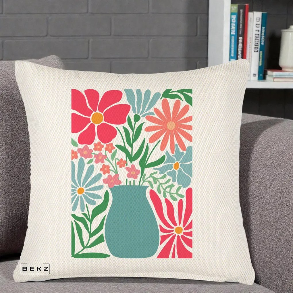 Perna Decorativa Flori in Vaza Turcoaz, 40x40 cm, Crem Reliefat, Husa Detasabila, Perna Inclusa, BEKZ®