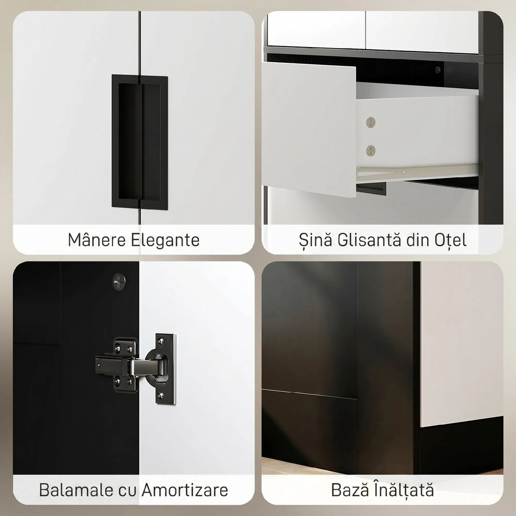 HOMCOM Dulap pentru Dormitor cu 2 Uși cu Închidere Amortizată, 3 Sertare, PAL, 80x50x180 cm, Alb și Negru | Aosom Romania