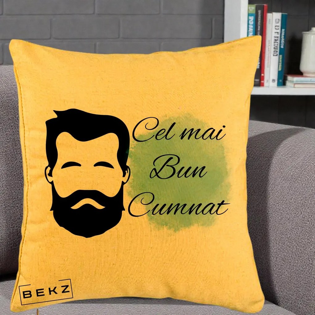 Cadou pentru Cumnat - Perna Personalizata Cel mai Bun Cumnat cu Portret Barbat si Pete Teal, 40x40 cm, Galben, Husa Detasabila, Perna Inclusa, BEKZ®