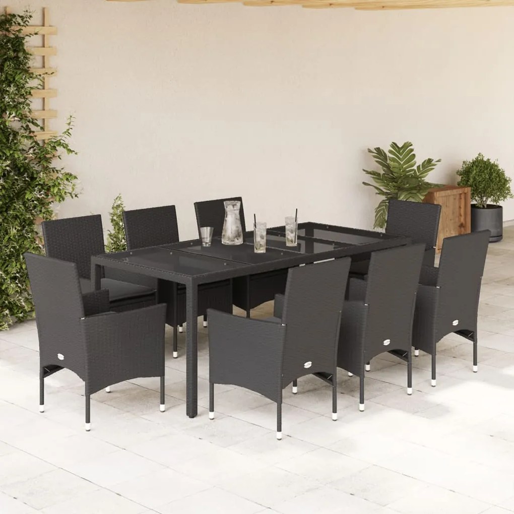 vidaXL Set mobilier de grădină cu perne 9 piese negru poliratan&amp;sticlă