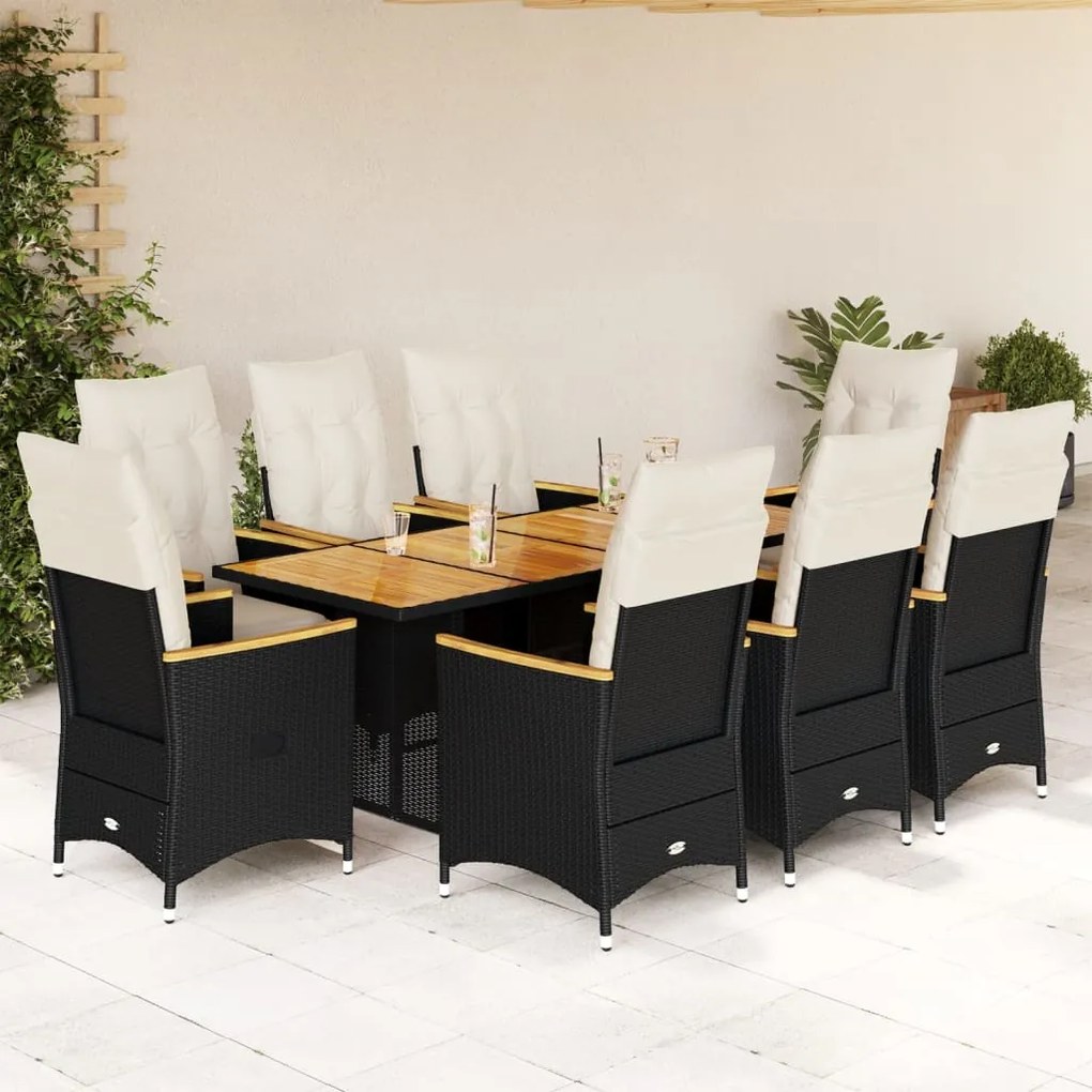 3276966 vidaXL Set bistro de grădină, 9 piese, cu perne, negru, poliratan