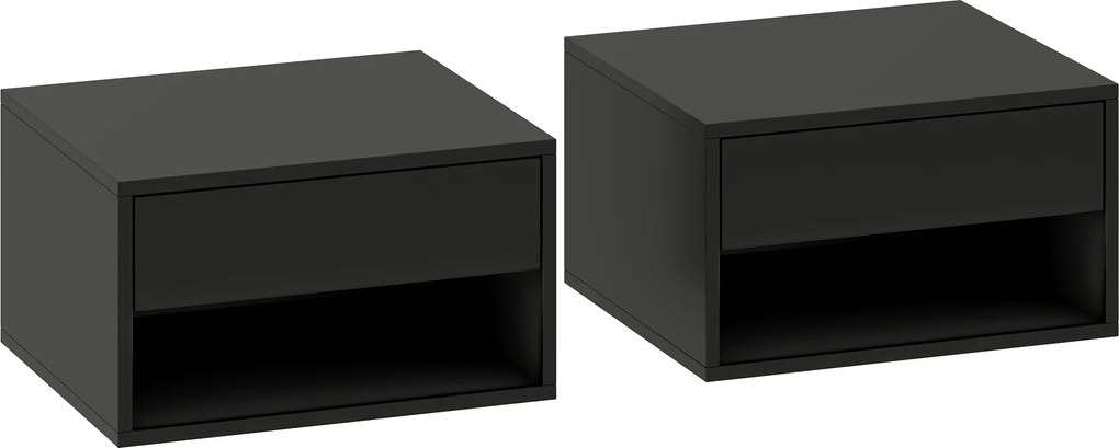 HOMCOM Set de 2 noptieri montate pe perete, sertar, compartiment deschis, blat, 37 x 32 x 21 cm, negru | Aosom Romania
