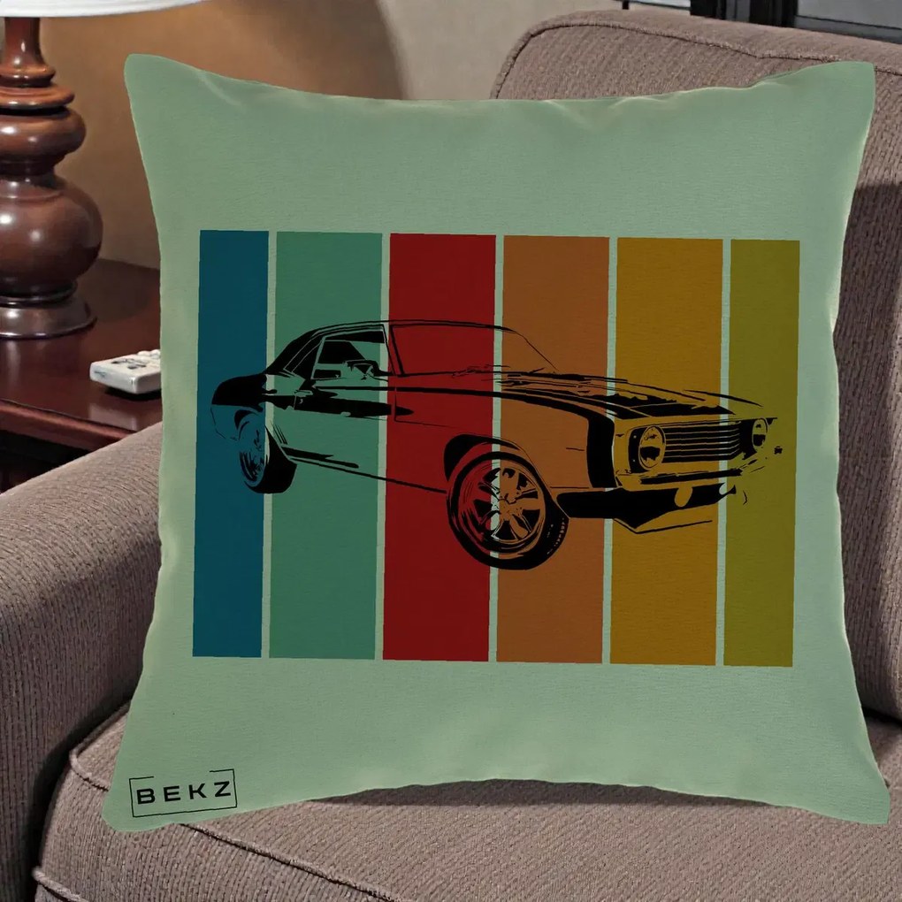 Perna Personalizata Masina Retro Muscle Car Grafic, 40x40 cm, Verde, Husa Detasabila, Perna Inclusa, BEKZ®