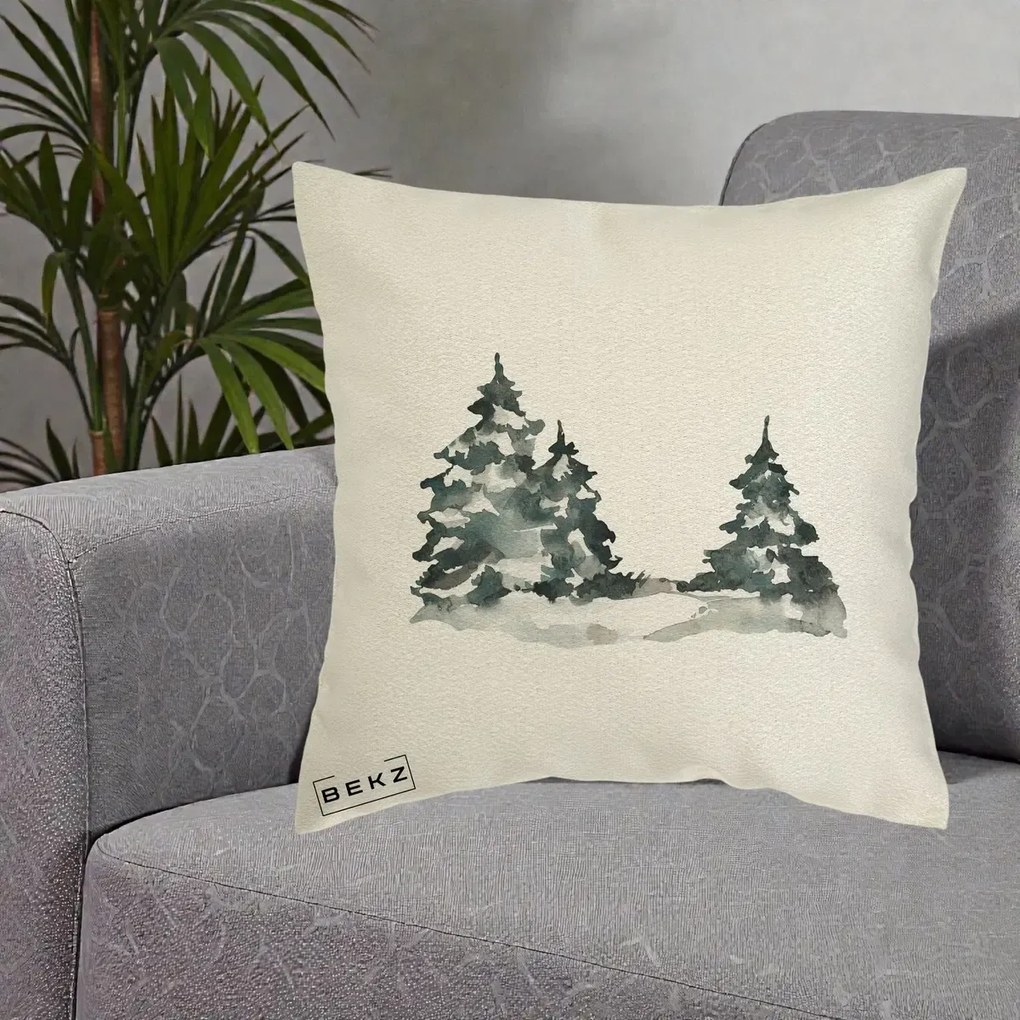 Perna Decorativa Brazi Inzapeziti Acuarela, 40x40 cm, Ecru, Husa Detasabila, Perna Inclusa, BEKZ®