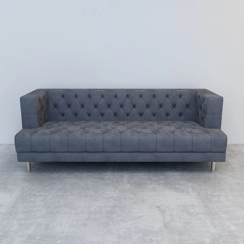 CANAPEA CATIFEA LUX CHESTERFIELD, 210X88X75 CM, CULOARE GRI, SEZUT SPUMA, CADRU LEMN, PICIOARE METAL ARGINTIU