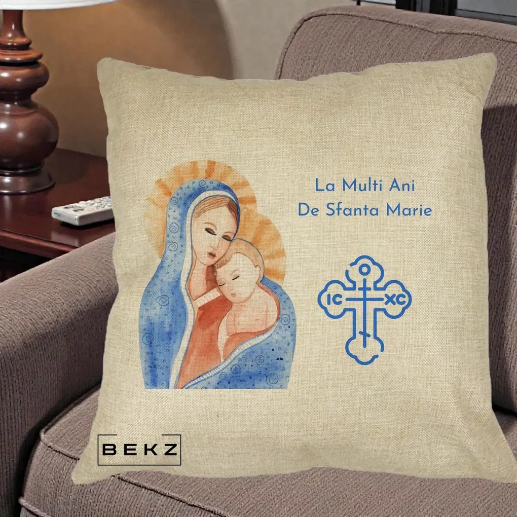 Cadou de Onomastica - Perna Personalizata Sfanta Marie Icoana Acuarela, 40x40 cm, Crem, Husa Detasabila, Perna Inclusa, BEKZ®