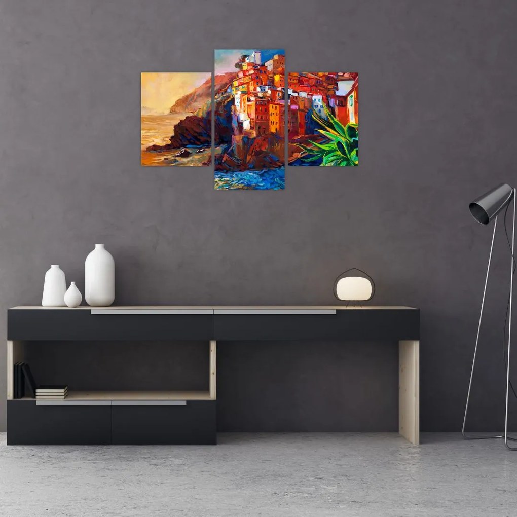 Tablou - Satul de coastă Cinque Terre, Riviera italiană, impresionismul modern (90x60 cm)