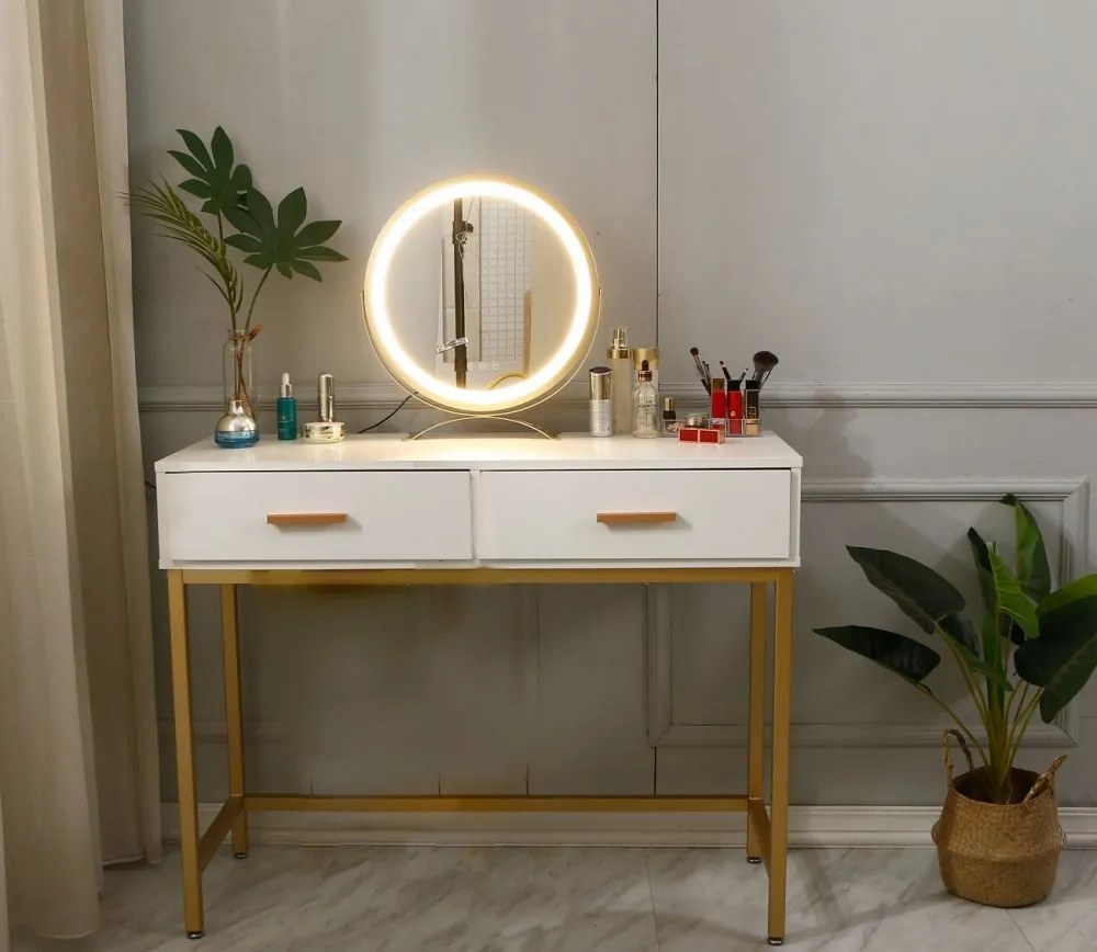 Set Iasmina, Masă de toaletă pentru machiaj cu taburet, oglindă iluminată LED, control touch, 2 sertare, Alb