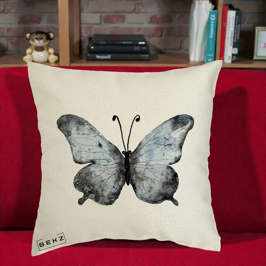 Perna Decorativa Fluture Acuarela Albastru-Gri, 40x40 cm, Ecru, Husa Detasabila, Perna Inclusa, BEKZ®