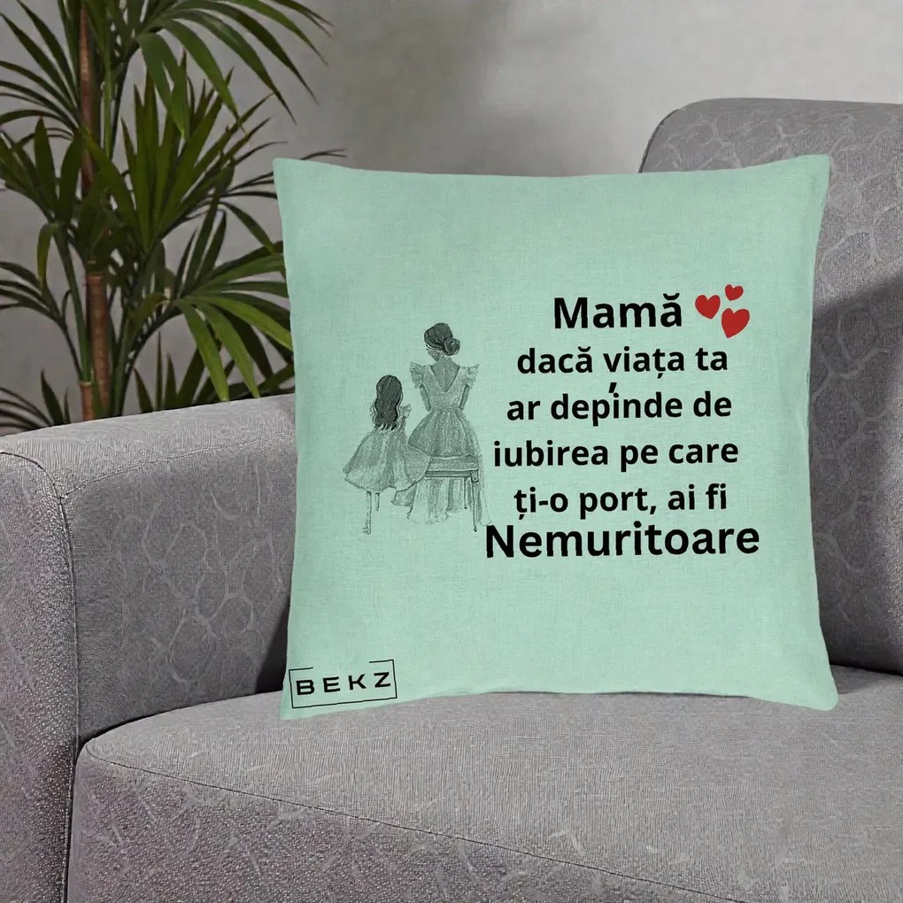 Cadou pentru Mama - Perna Personalizata Mama Nemuritoare Line Art, 40x40 cm, Verde Menta, Husa Detasabila, Perna Inclusa, BEKZ®