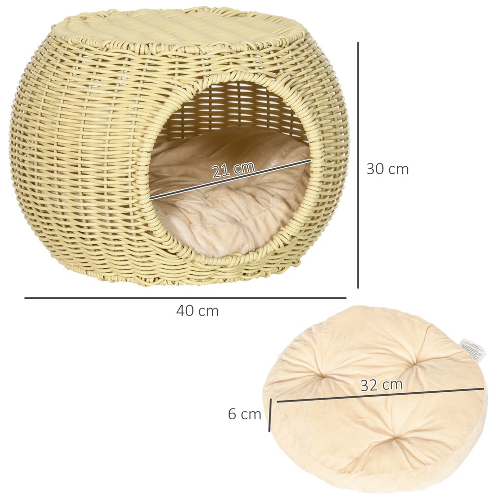 PawHut Casuta pentru pisici cu 2 niveluri din ratan PE, casuta pentru pisici cu perna lavabila, Ø40x30cm, bej | Aosom Romania