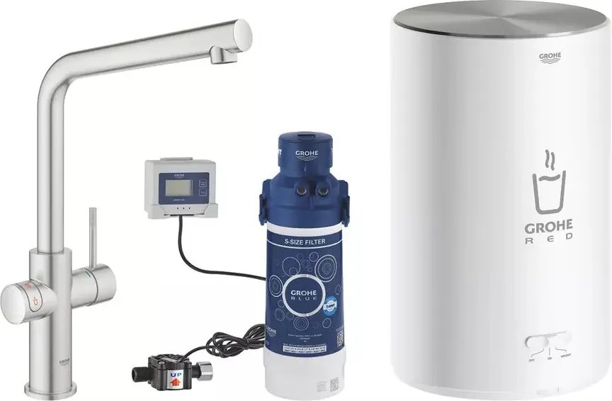 Baterie bucatarie Grohe Red Duo crom periat Supersteel pipa tip L si boiler marimea M