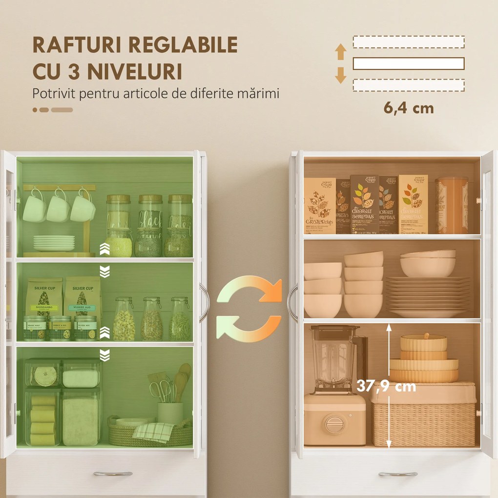 HOMCOM Dulap de Bucătărie Înalt 180 cm cu Uși din Sticlă Soft-Close, Sertar și 2 Dulapuri, Polițe Reglabile, Alb | Aosom Romania