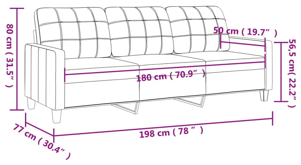 Canapea cu 3 locuri, negru, 180 cm, piele ecologica Negru, 198 x 77 x 80 cm