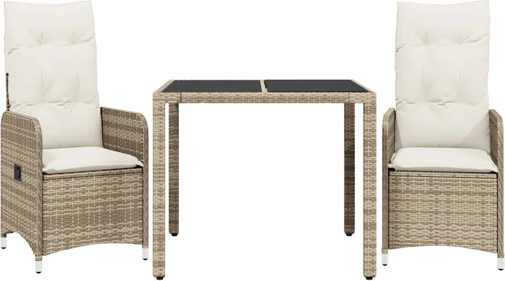 vidaXL Set bistro de grădină, 3 piese, cu perne, bej, poliratan